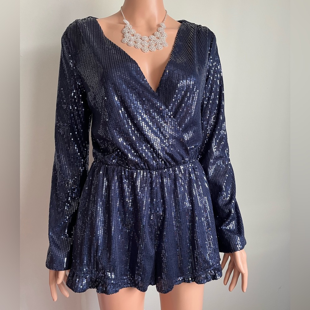 Women Blue Sequins Shorts Romper